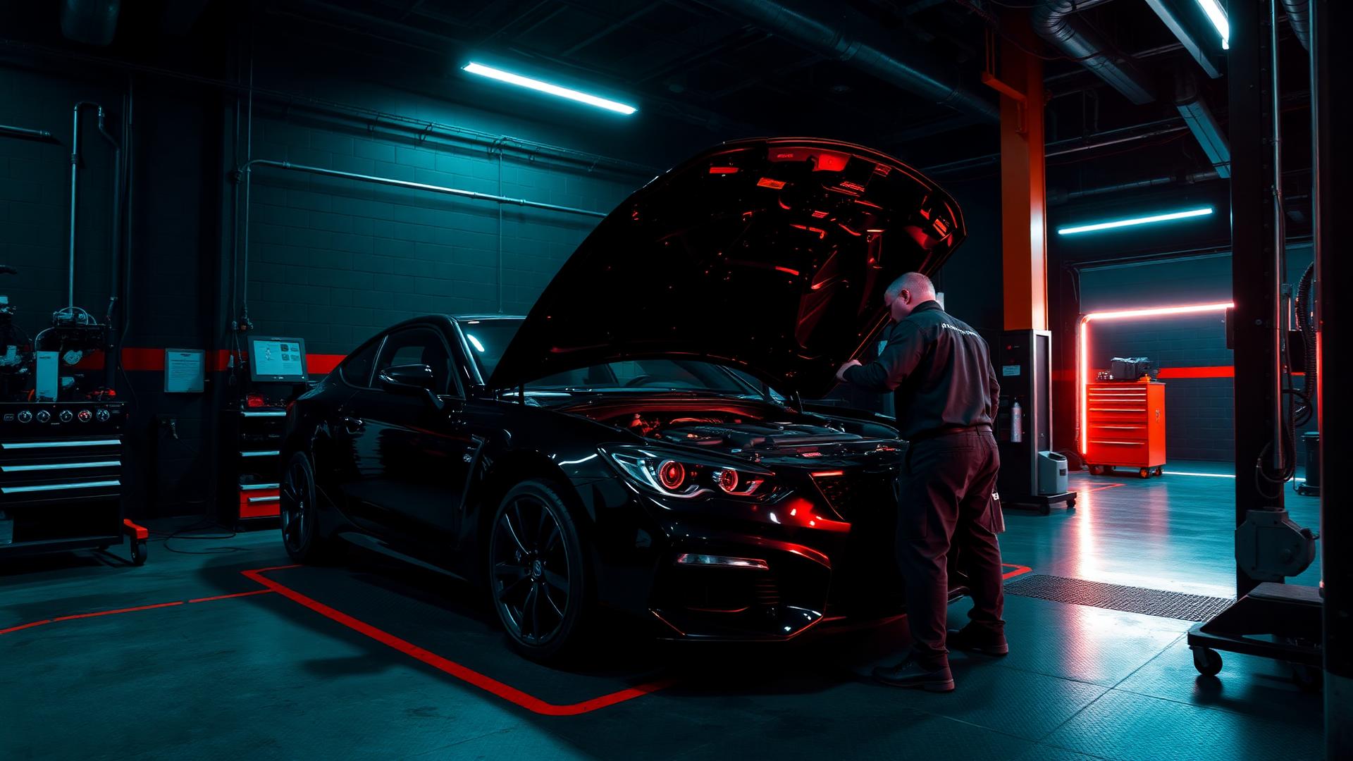 Mechanik serwisujący samochód w ciemnym warsztacie
